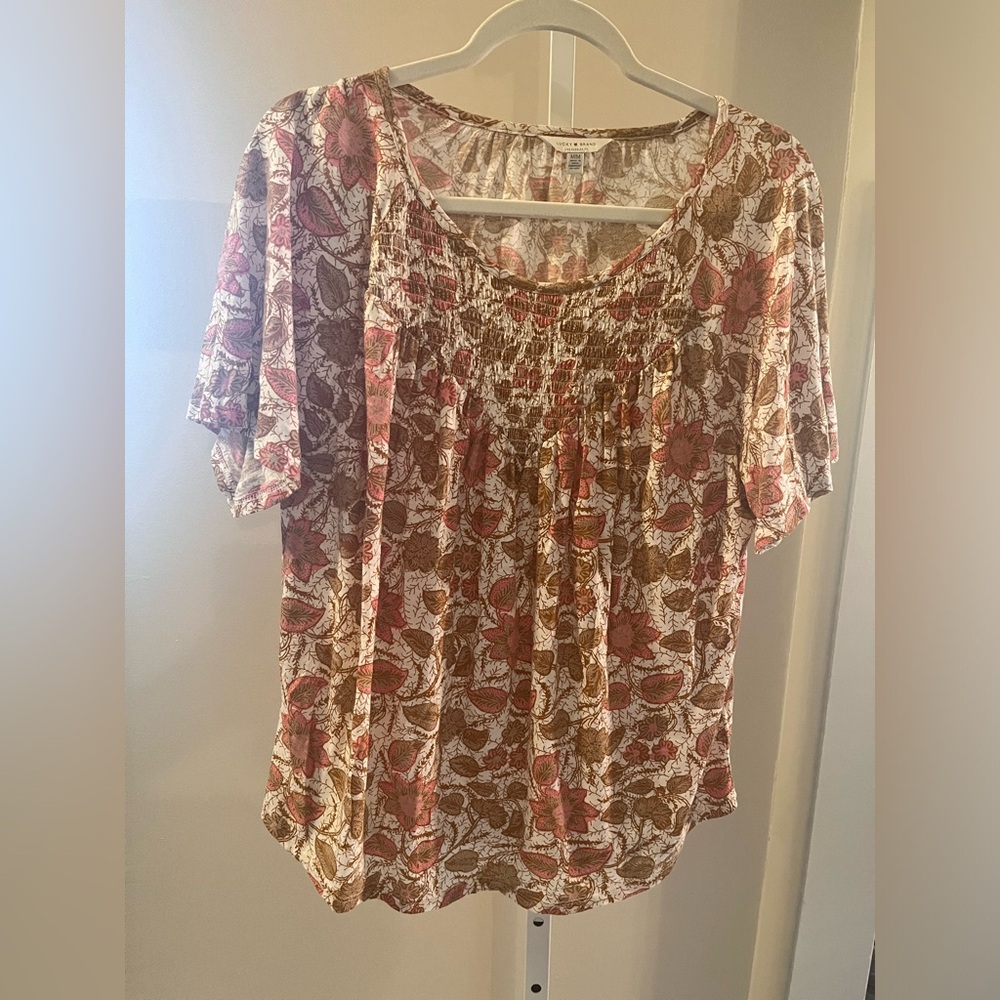 60 percent cotton top in warm pinks taupe and cream